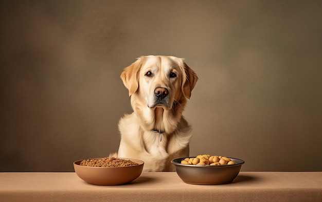 A dog eating a bowl of dog food