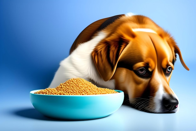 青の背景に分離されたボウルから食べ物を食べる犬