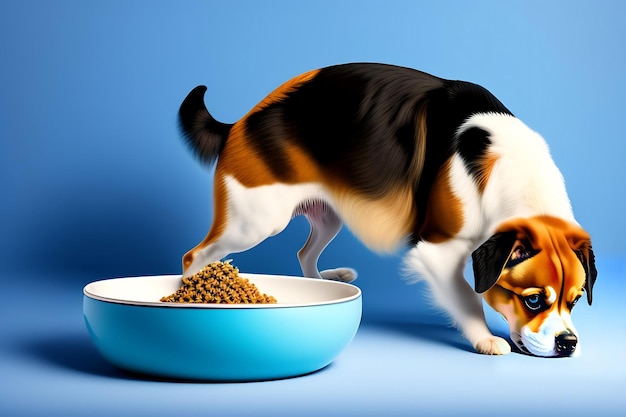 青の背景に分離されたボウルから食べ物を食べる犬