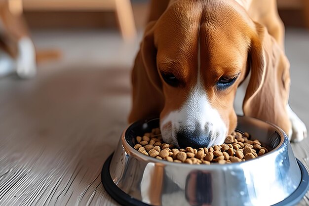 A dog eating food out of a bowl