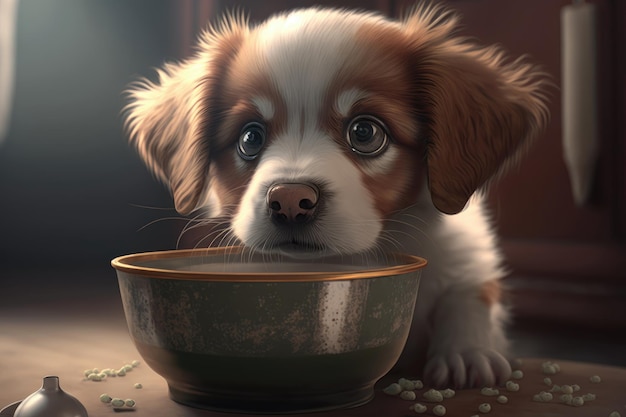 A dog eating from a bowl of milk