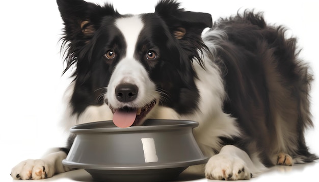 A dog eating from a bowl with its tongue out.