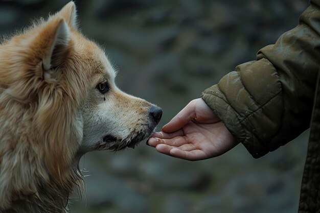 人の手から食べる犬