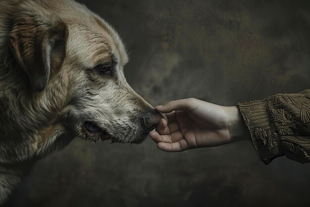 Фото Собака ест из рук человека