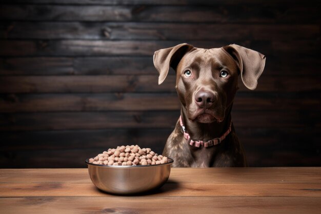 Dog eating raw meat from bowl