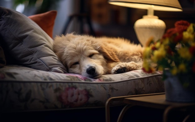 ソファで居心地の良い午後を楽しむ犬