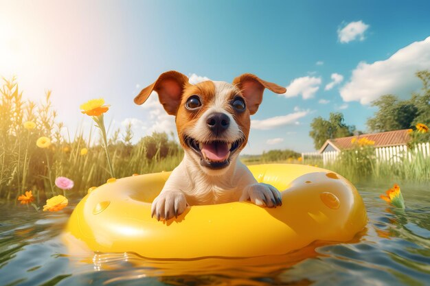 A dog enjoying a day at the pool on an inflatable toy