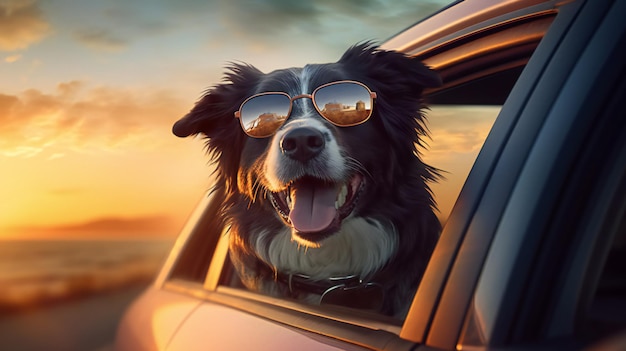 Dog enjoying from traveling by car generative AI