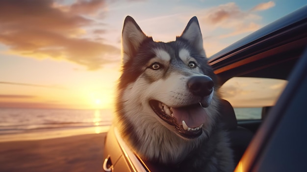 Dog enjoying from traveling by car generative AI