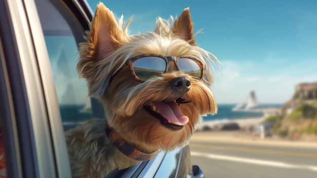 Dog enjoying from traveling by car generative AI