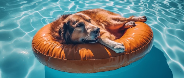 Dog enjoys a sunny day lying in the pool A dog resting in a refreshing pool Generative AI