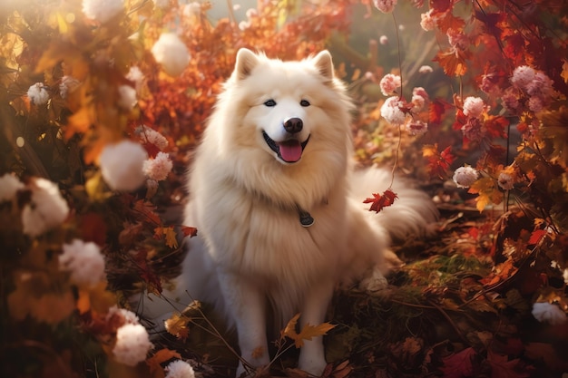 A dog in a fall scene