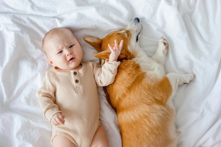 Photo dog in family with newborn a grumpy infant and ginger corgi pembroke laying on a white linen baby holding dogs mazzle relationships between baby and dog fur allergy pets are family members