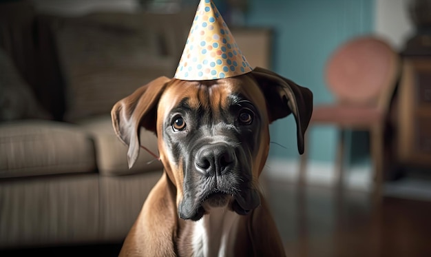 誕生日パーティーでお祝いの帽子をかぶった犬の生成 AI