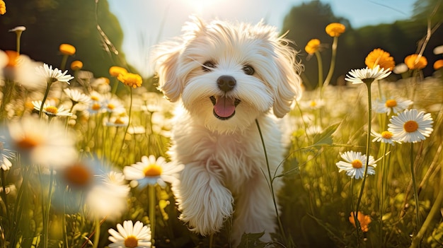 a dog in a field of daisies