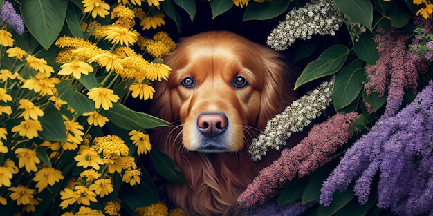 Dog in a field of flowers generative ai