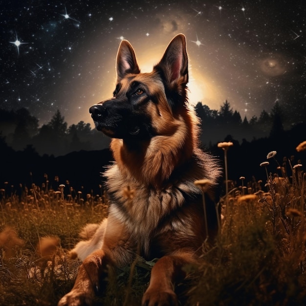 a dog in a field of flowers with stars in the background