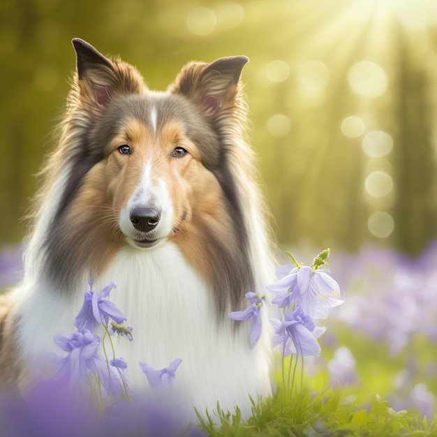 A dog in a field of flowers with the sun shining on it.