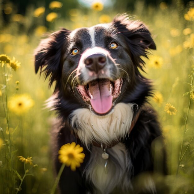 A dog in a field of flowers with a tag that says " i love dogs ".