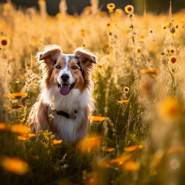 A dog in a field of flowers with the word collie on it.