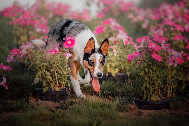 A dog in a field of flowers