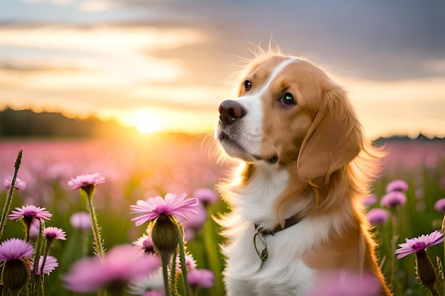 A dog in a field of flowers