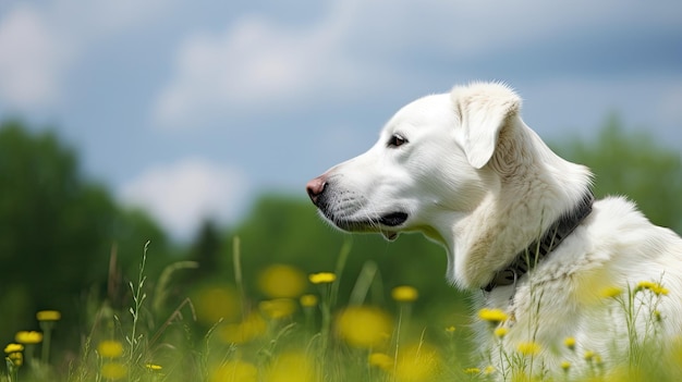 A dog in a field of flowers