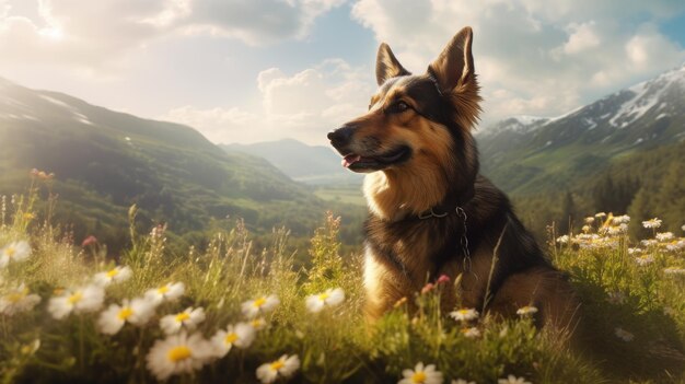 A dog in a field of flowers