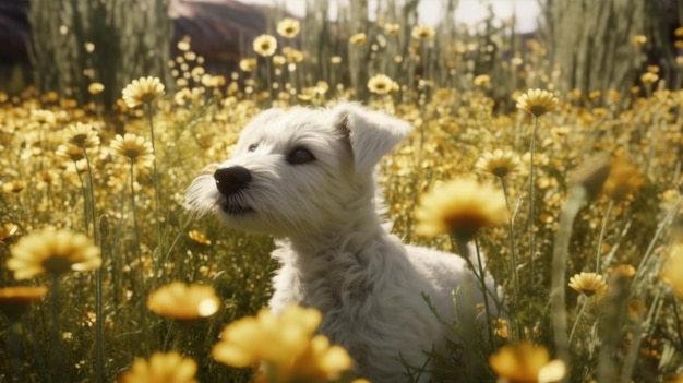 A dog in a field of flowers