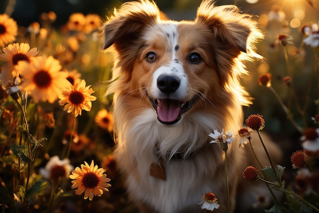 花の畑にいる犬