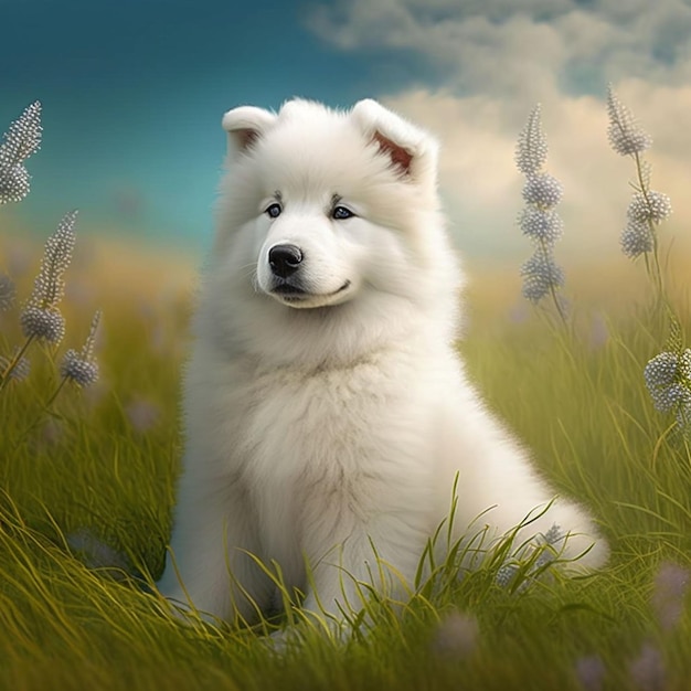 A dog in a field of flowers