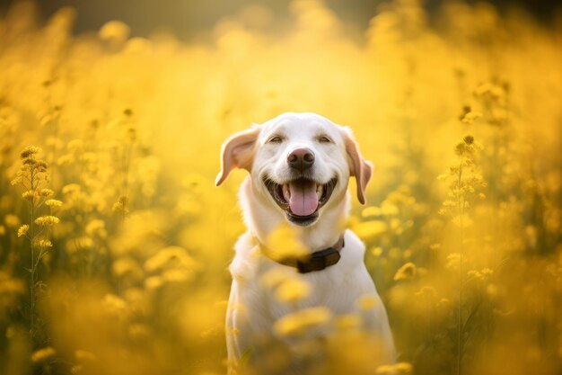 A dog in a field of flowers