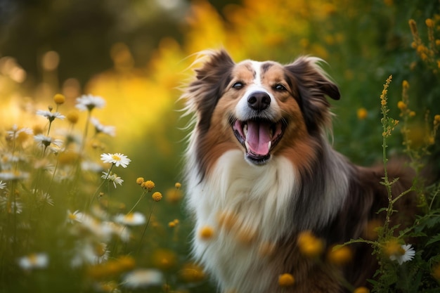 A dog in a field of flowers