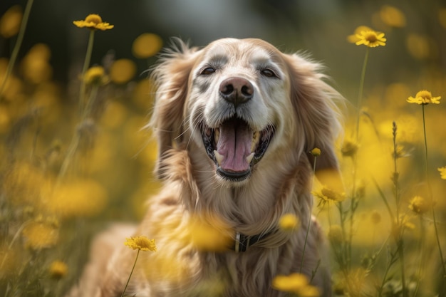 A dog in a field of flowers