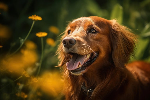 A dog in a field of flowers