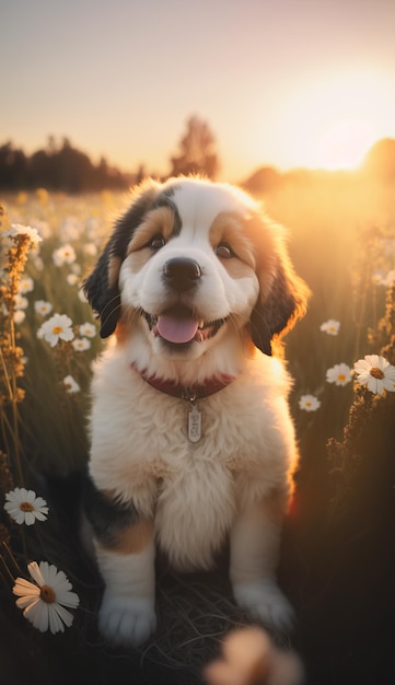 A dog in a field of flowers