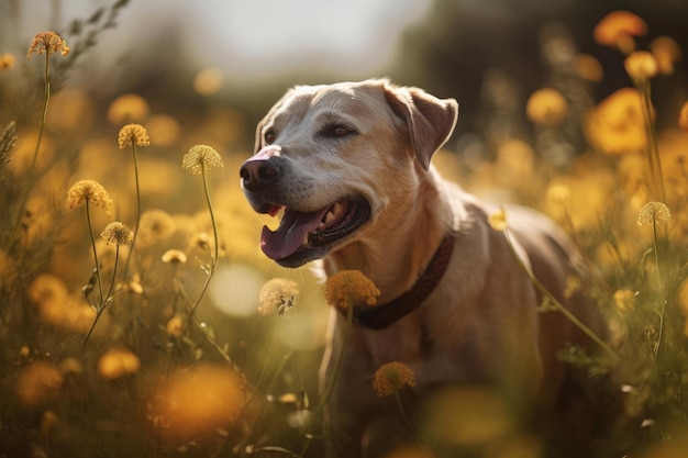 A dog in a field of flowers