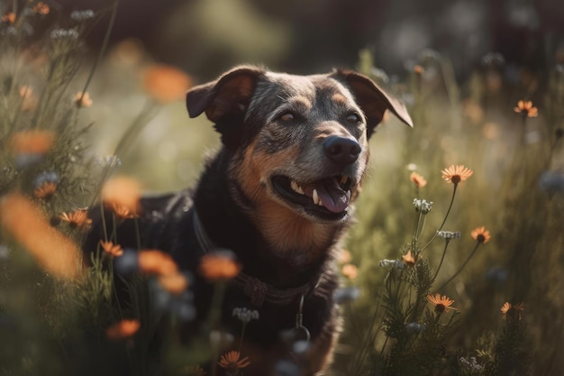 A dog in a field of flowers