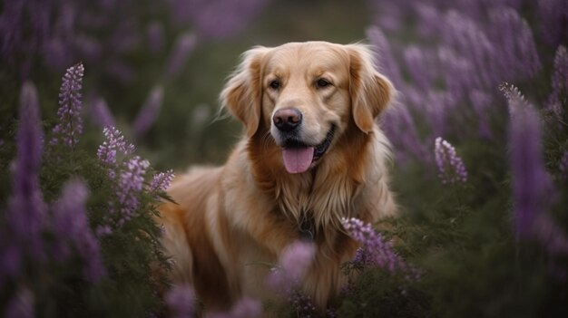 A dog in a field of purple flowers