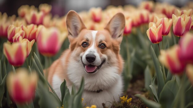 A dog in a field of tulips