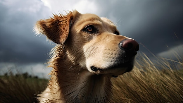 A dog in a field with a cloudy sky behind it