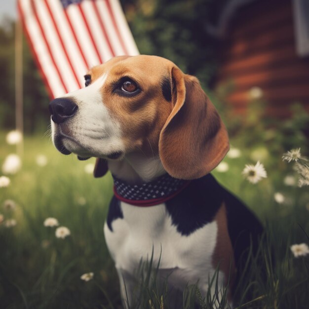 Photo a dog in a field with a flag in the background