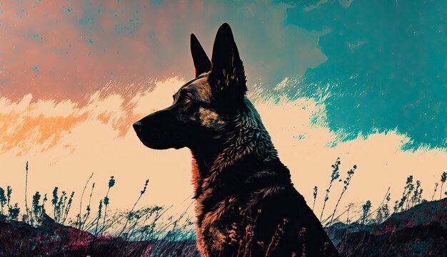 Foto un cane in un campo con il cielo sullo sfondo