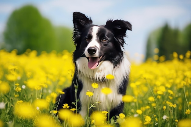 a dog in a field of yellow flowers.