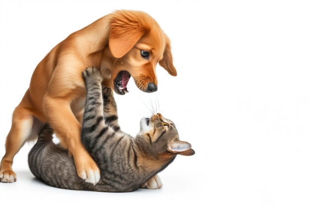 Dog fighting with a cat on a white background