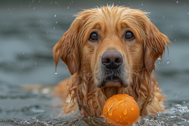 犬がボールを持って水面に浮いている