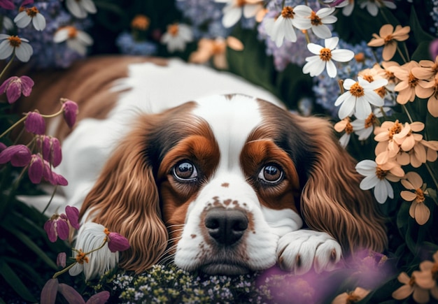 Foto un cane tra i fiori con una faccia triste