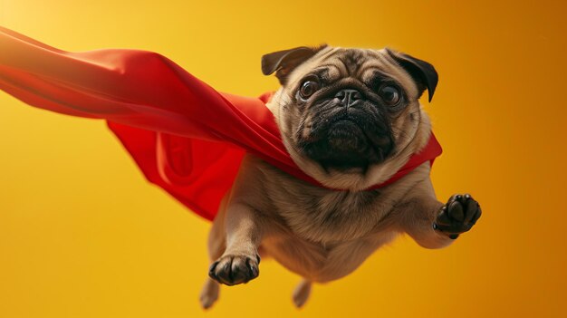 a dog flying in a red cape