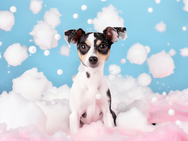 dog in a foam bath on a color background