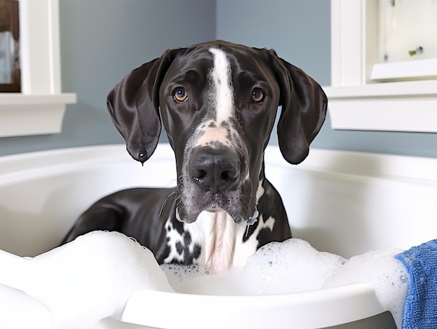 dog in a foam bath in a modern interior